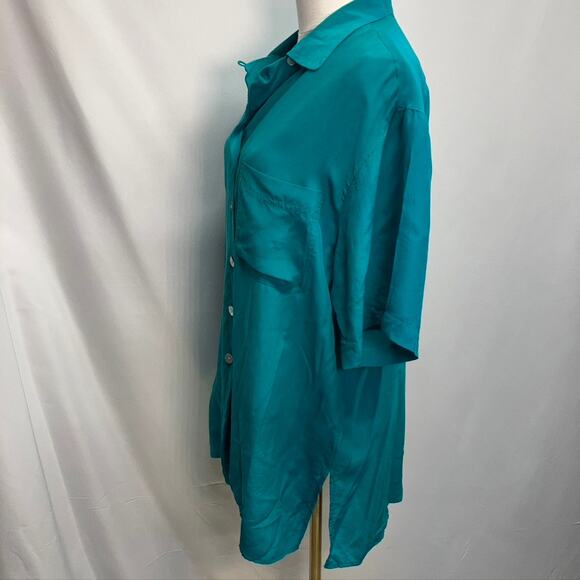 Vintage 80's Casual Corner 100% Silk Teal Button Up Short Sleeve blouse Womens M - Picture 8 of 16